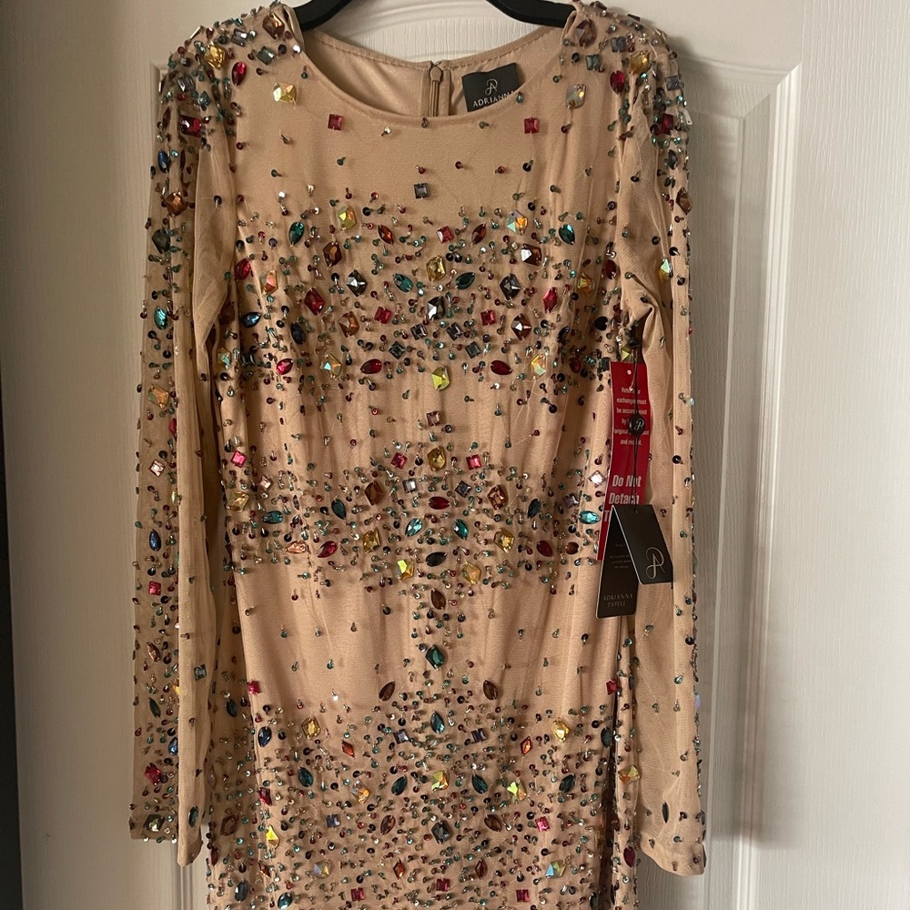 adrianna papell long sleeve beaded cocktail dress nude